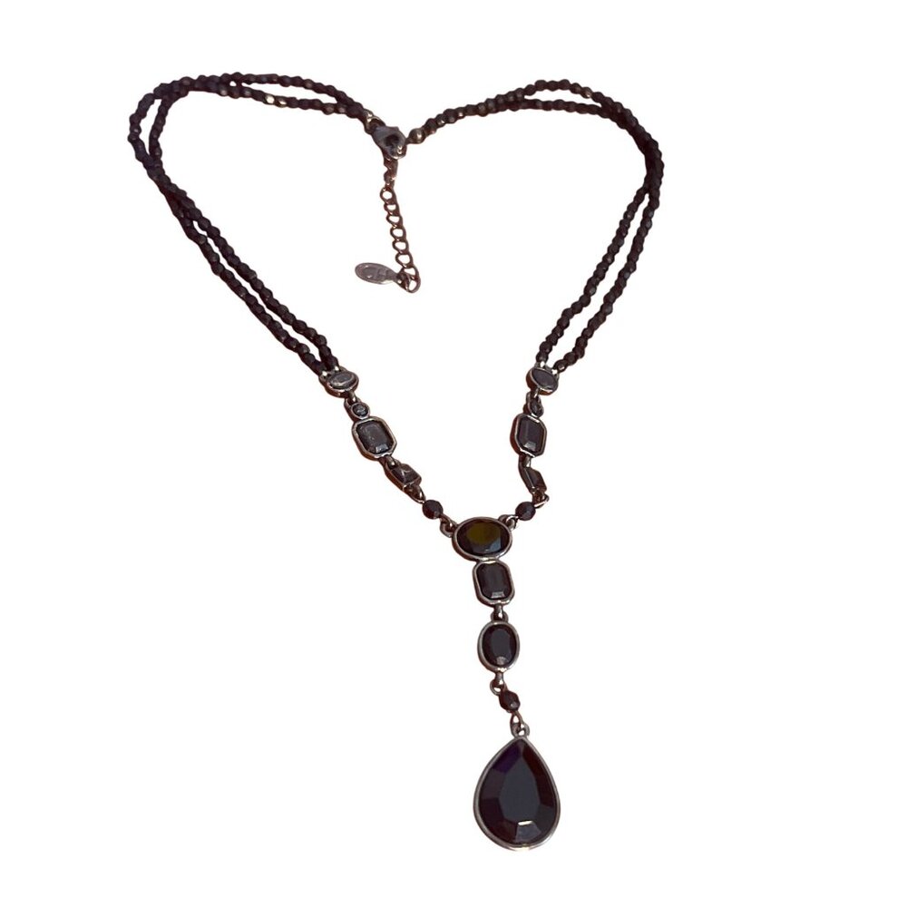 Chaps Black Y Necklace Teardrop Double Strand Rhinestones Gothic Emo Adj 17"